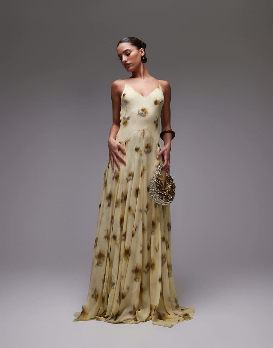 Maxi abito in chiffon con nappe e stampa floreale
