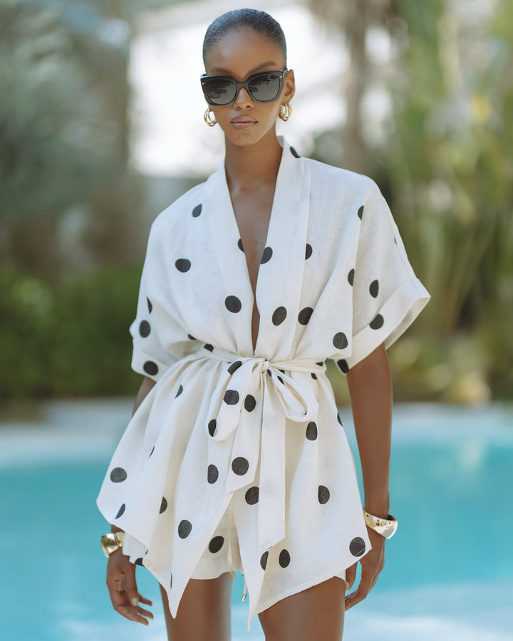 Ensemble kimono en lin à pois