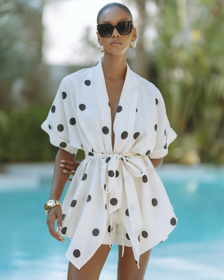 Ensemble kimono en lin à pois