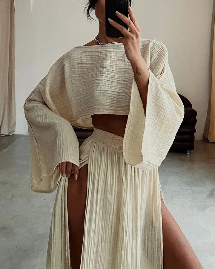 Set due pezzi in cotone e lino con allacciatura chic